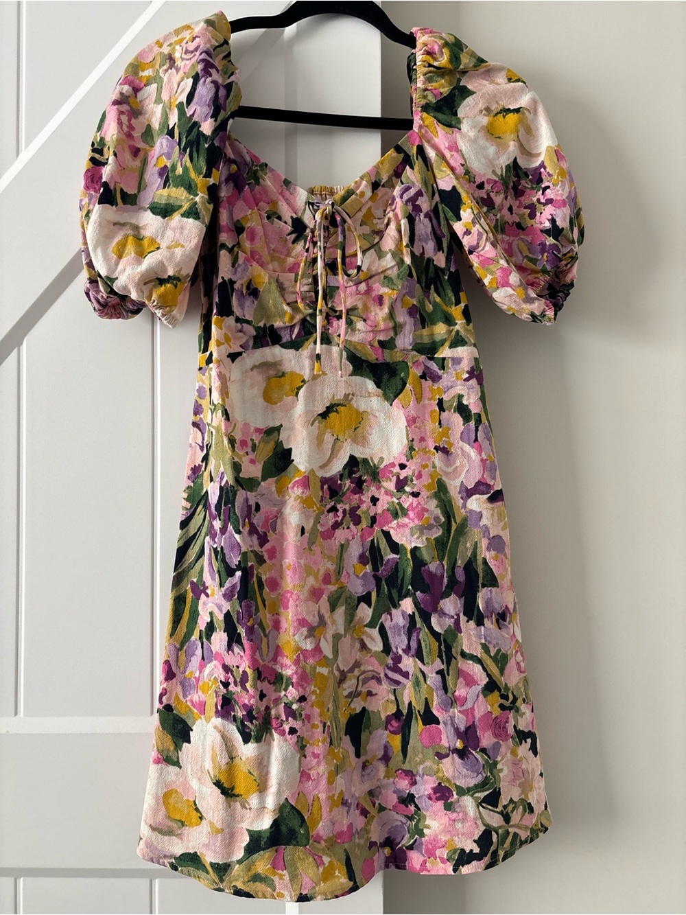 H&M Floral Puff-Sleeve Mini Dress in Pink, Green & Yellow
